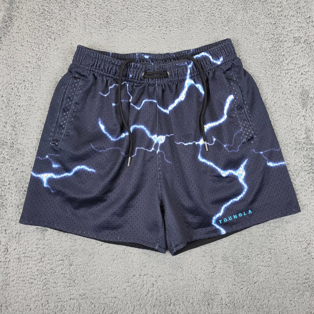 YoungLA Mesh Shorts Mens Small Black Blue Lightning Bolt Gym Athletic 3.5 Inseam